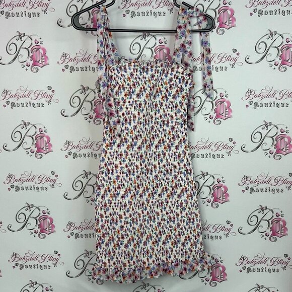 Japna dress tie up straps floral flowers stretchy  Smocked Mini Dress ruffle - Picture 1 of 7